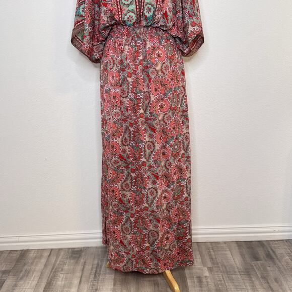 Boeme Womens Paisley Print Maxi Dress Size M Pink Teal Kimono Sleeve Boho Resort - Picture 6 of 13